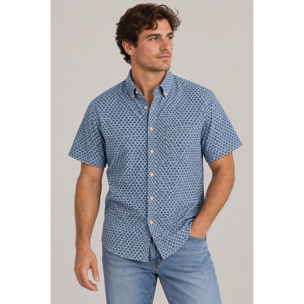 Faherty Brand Mens Medium Indigo Blue Geometric Scale Print Short Sleeve Shirt
